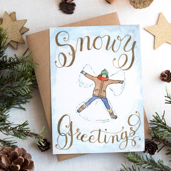 Snow Angel Calligraphy and watercolor Christmas Cards on luxurious cotton cardstock Single Card or bulk packs