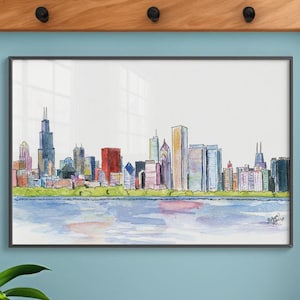 Chicago Skyline (Condensed), Hand-painted Watercolor, Luxury Print in 5 x 7, 8 x 10, 11 x 14, 16 x 20, or 18 x 24 for framing