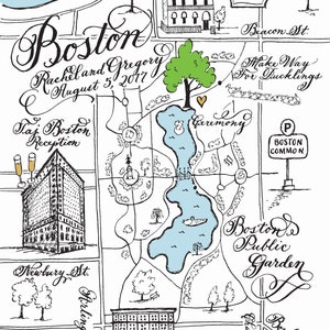 Calligraphy Black and White Wedding Map with colorized highlights Boston image 3
