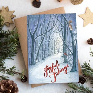 Ilustración de bosque azul Tarjetas navideñas con acuarela y caligrafía en cartulina de algodón de lujo, en paquetes individuales o a granel