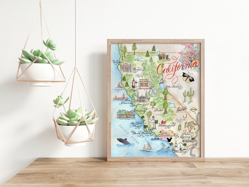 watercolor and calligraphy California Map illustration is a great CA gift or souvenir