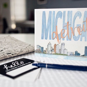 Watercolor Vintage Detroit Skyline Card with wording -- Single Card, Set of 4, Luxury Box Set of 10