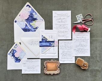 Letterpress Wedding Calligraphy Invitation - All Custom- Watercolor Floral Envelope Liners and Belly Band - Navy Blue Wedding "Daphne"