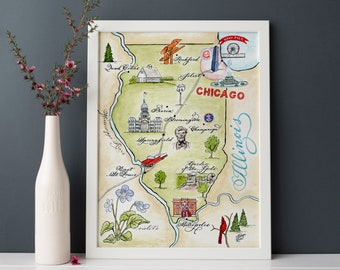 Illinois map, Hand-painted Watercolor, Luxury Print in 5 x 7 up to 18 x 24 for framing