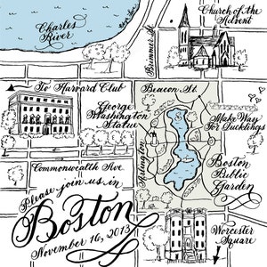 Calligraphy Black and White Wedding Map with colorized highlights Boston image 6