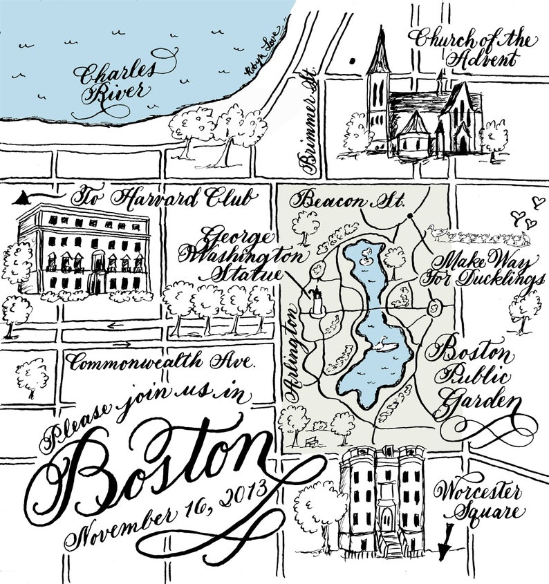 Calligraphy Black and White Wedding Map with colorized highlights Boston image 6
