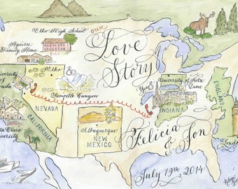 Wedding Map, "Love Story" Size Medium Custom and hand-painted