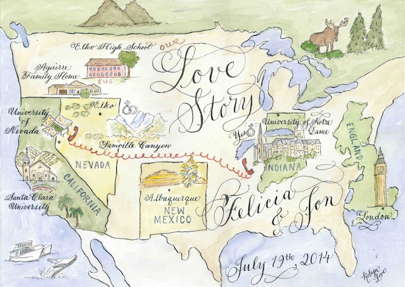 Wedding Map, Love Story Size Medium Custom and hand-painted image 9