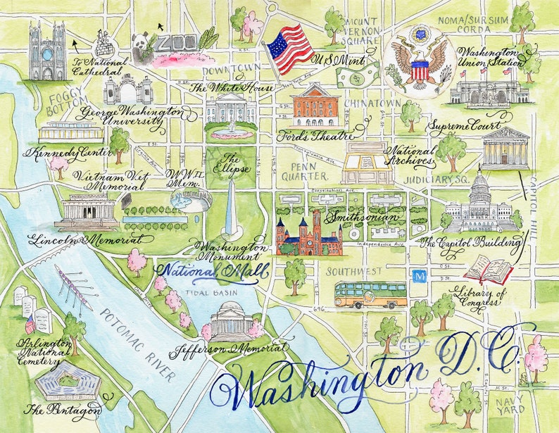 Carte de carte aquarelle de Washington D.C. -- Une carte, lot de 4 et coffret de luxe de 10 image 2