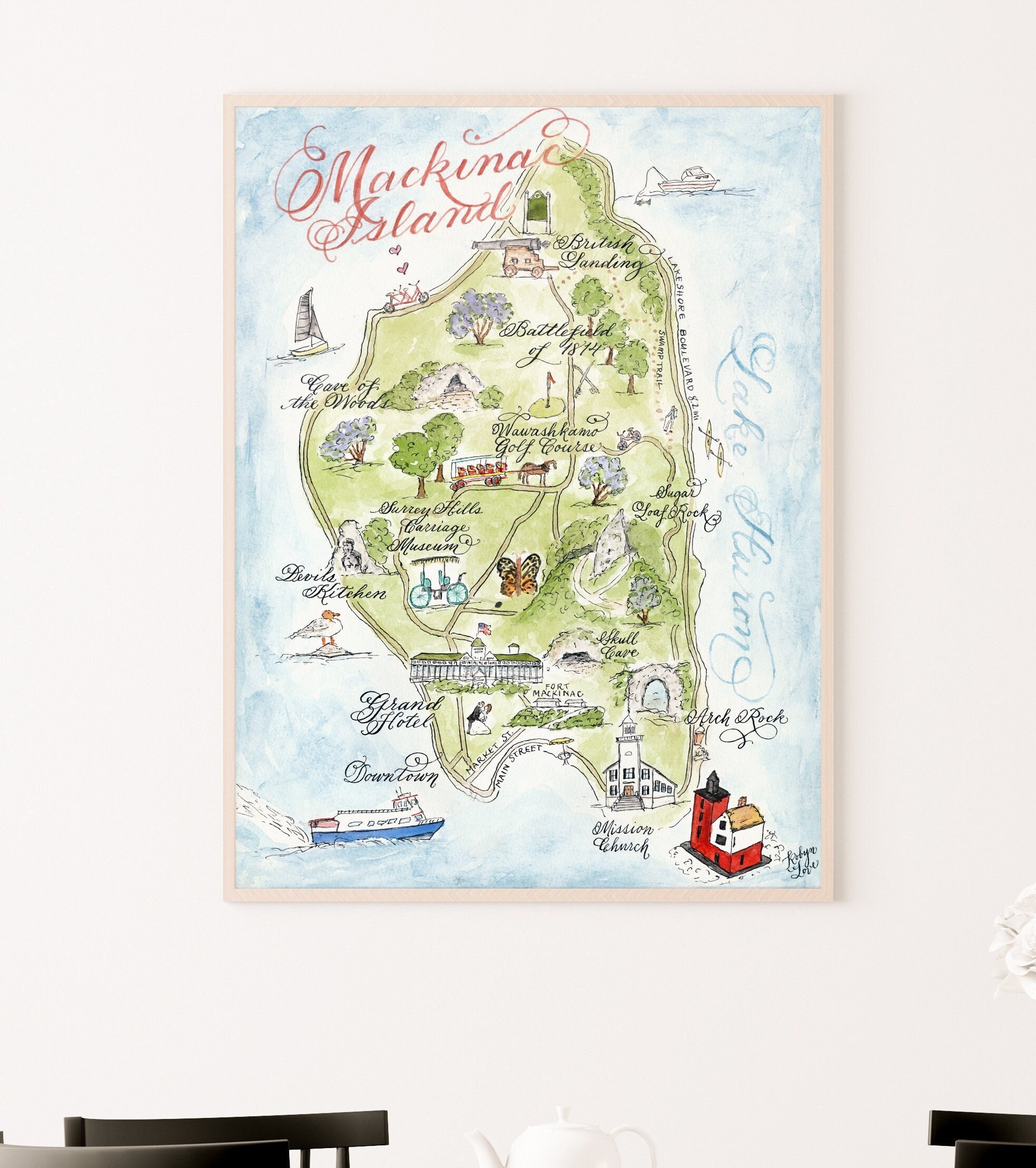 Hand-painted Watercolor Mackinac Island Map Luxury Print in 5 image