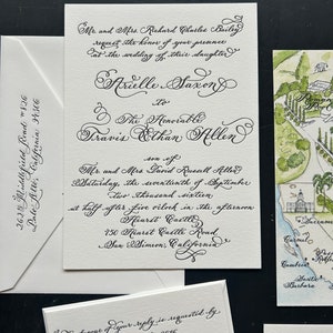 Calligraphy and black letterpress luxury wedding invitation with watercolor wedding map for a california wedding
