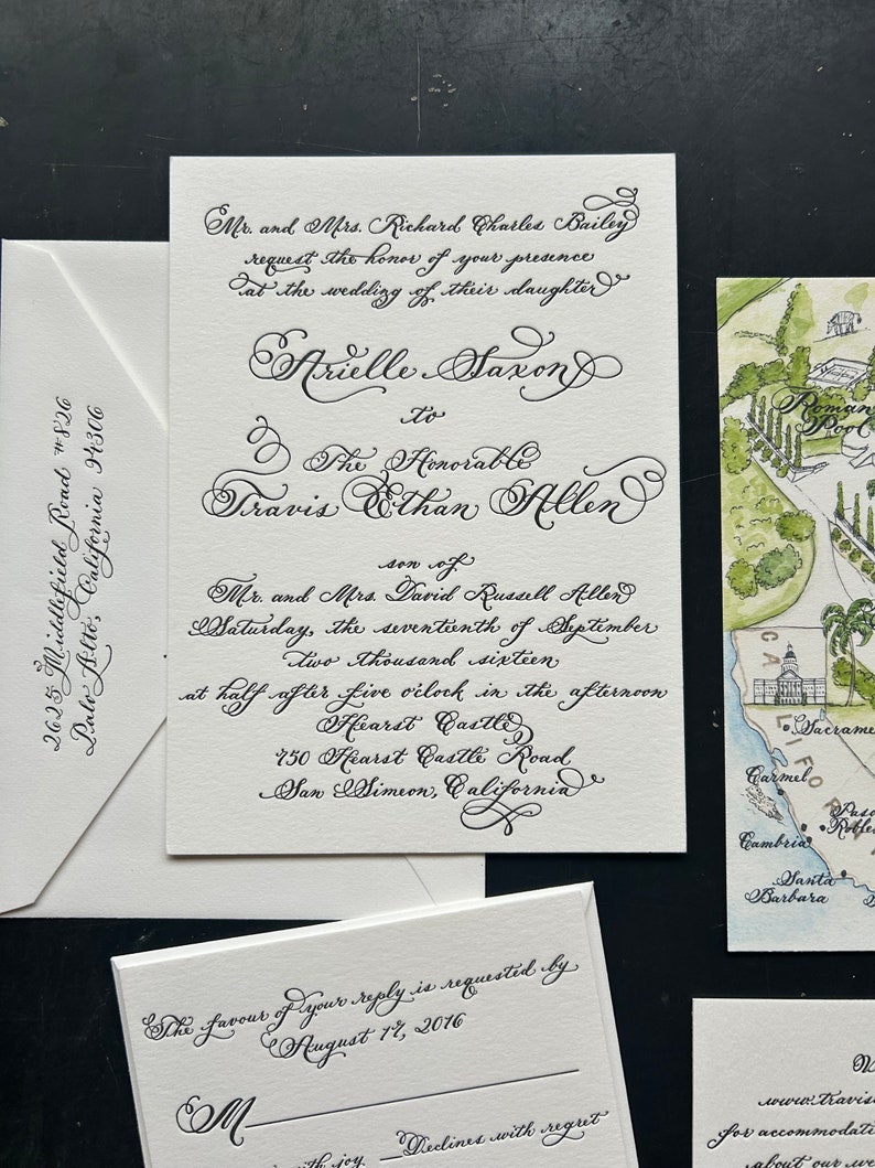 Calligraphy and black letterpress luxury wedding invitation with watercolor wedding map for a california wedding