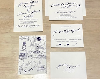 May include: Wedding invitation suite with a navy blue and white color scheme. The invitation features a map of Newport, Rhode Island, with the text "Jamie Marie Rapoza & Terence James Walsh" and "Our Lady of Mercy Chapel". The RSVP card includes the text "The Ninth of April" and a space for guests to indicate their attendance. The reception card features the text "Cocktails, Dinner, and Dancing" and "Eisenhower House".