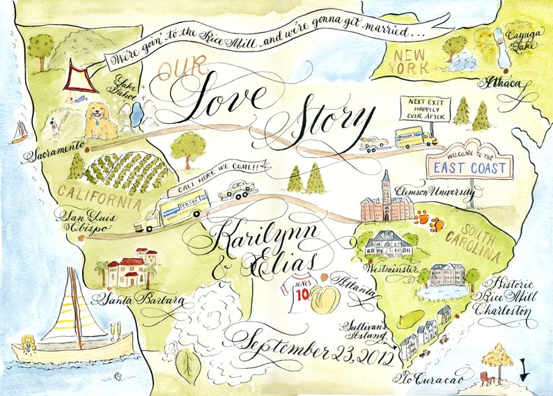 Wedding Map, Love Story Size Medium Custom and hand-painted image 6