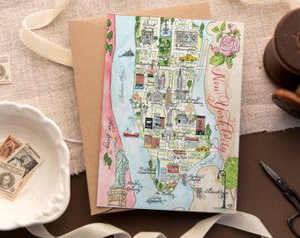 Cartão com mapa da cidade de Nova York em aquarela vintage - Cartão único, conjunto de 4 e caixa de luxo com conjunto de 10