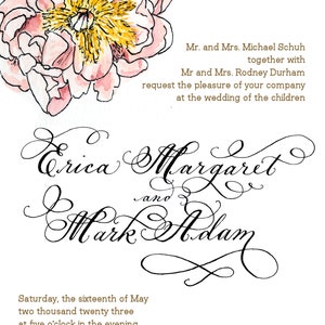 luxury cotton watercolor and hand calligraphy wedding invitation with hand painted details and a beautiful big peony flower