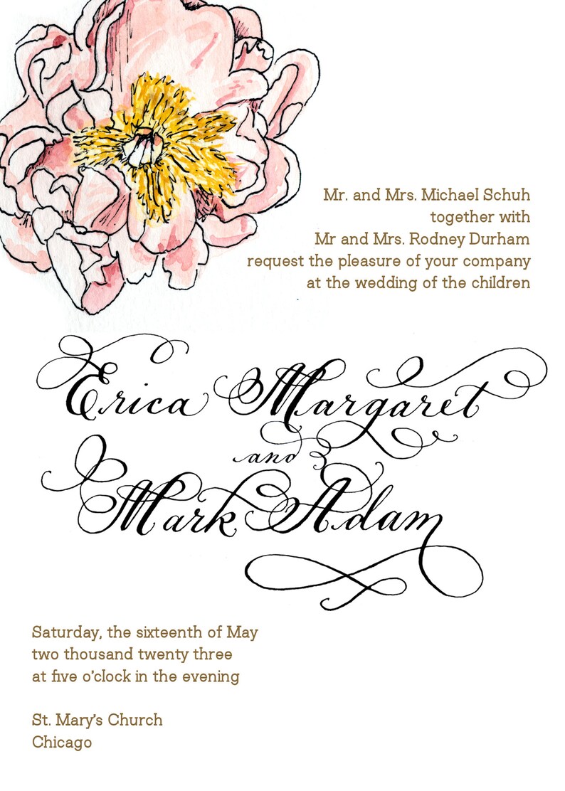 luxury cotton watercolor and hand calligraphy wedding invitation with hand painted details and a beautiful big peony flower