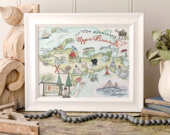 Michigan Upper Peninsula Map Hand-painted Watercolor, Luxury Print in 5 x 7, 8 x 10 or 11 x 14 for framing