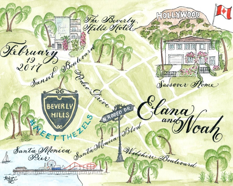 Santa Barbara, California Watercolor Wedding Map DIY, print at home or order prints image 3