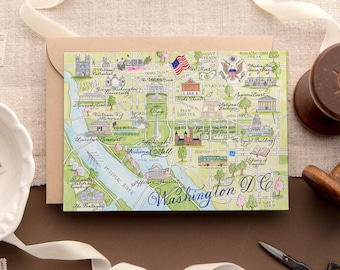 Carte de carte aquarelle de Washington D.C. -- Une carte, lot de 4 et coffret de luxe de 10