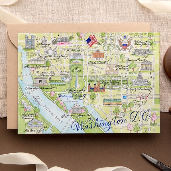 Watercolor Washington D.C. Map Card -- Single Card, Set of 4, and Luxury Box Set of 10