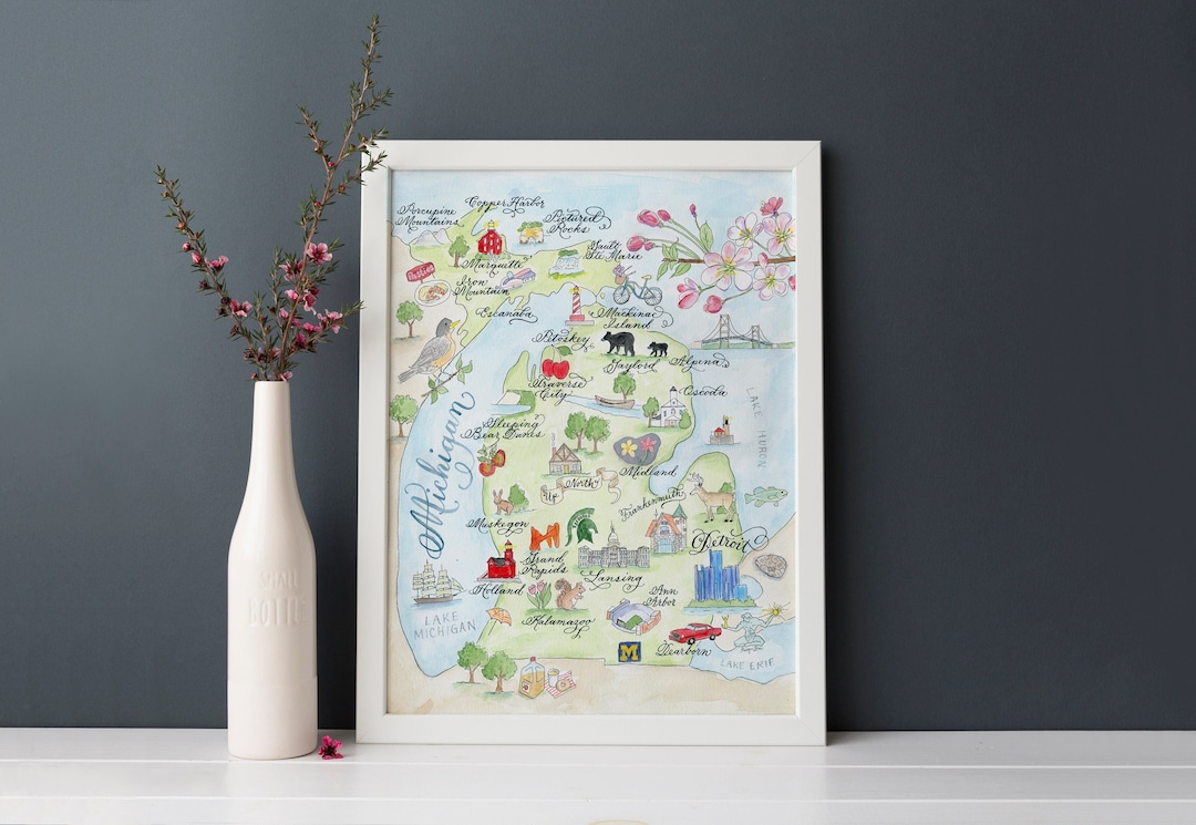 Map of Michigan - New Updated Version, Luxury Cotton Print in 5x7, 8 X ...