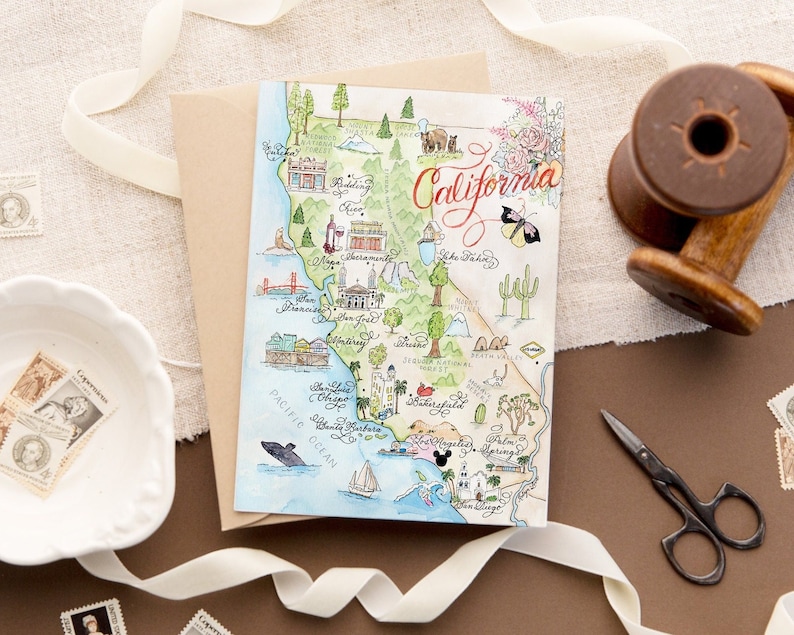 Carte de carte de Californie vintage aquarelle -- Une carte, lot de 4 et coffret de luxe de 10 image 1