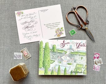 Save the Date Custom Venue Watercolor Illustration Postcard with Hand Calligraphy and Florals - Villa Barberino - Italy Wedding