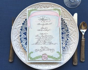 Hand Painted Blush Pink Ribbon Wedding Menu in Hand Calligraphy and Watercolor - Non-custom or Custom