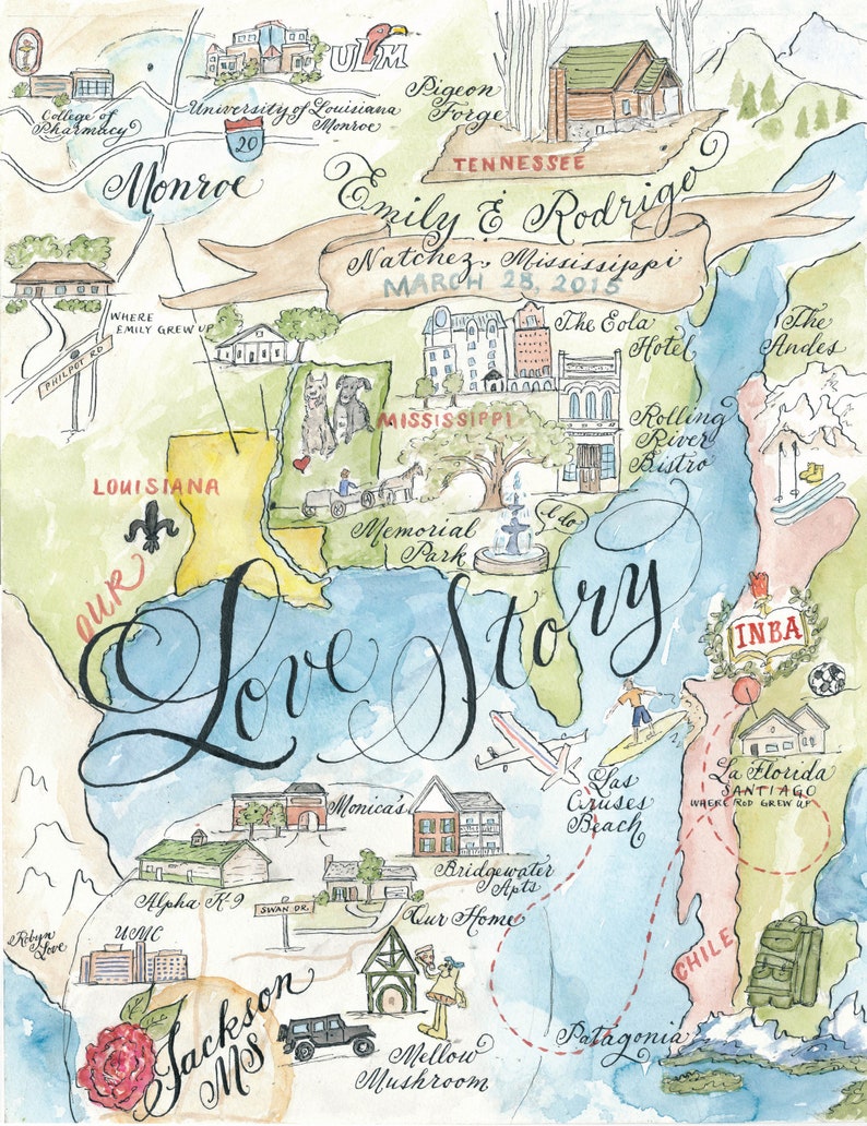 Wedding Map, Love Story Size Medium Custom and hand-painted image 8