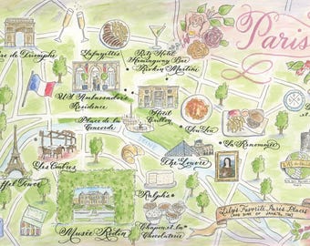 Paris, France Wedding Map Custom and hand-painted Watercolor - Europe Wedding - Denmark And Germany