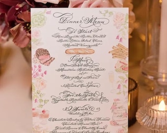 Custom Calligraphy Wedding Menu – Watercolor Food Illustrations