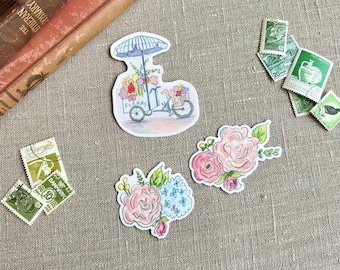 Flower Cart and Flower Bunches Stickers - Three Styles or Bunch - Waterproof - Cute Floral Watercolor Journal Sticker