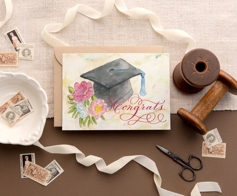 calligraphy and watercolor graduation card blank congrats congratuations with floral and customization option