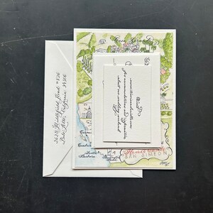 Calligraphy and black letterpress luxury wedding invitation with watercolor wedding map for a california wedding