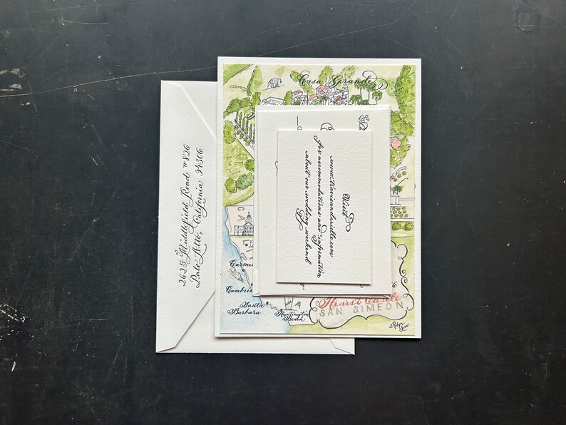 Calligraphy and black letterpress luxury wedding invitation with watercolor wedding map for a california wedding