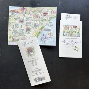 Livret de bienvenue semi-personnalisé pour le week-end de mariage avec carte aquarelle non personnalisée et calligraphie à la main pliée La Nouvelle-Orléans ou l'une de mes cartes