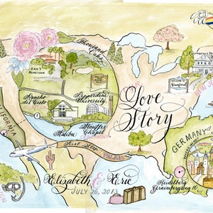 Wedding Map, Love Story Size Medium Custom and hand-painted image 7