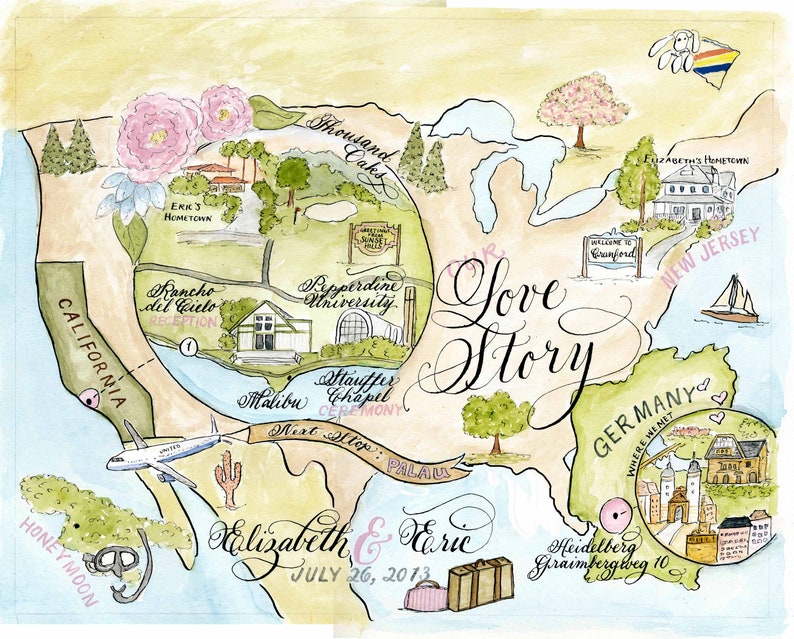 Wedding Map, Love Story Size Medium Custom and hand-painted image 5