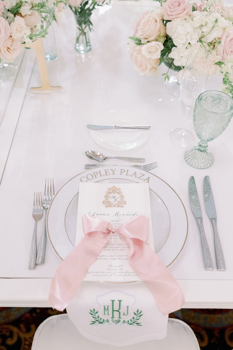 luxury  calligraphy wedding menus with watercolor monogram and place cards