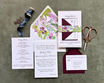 Letterpress Wedding Calligraphy Invitation - All Custom- Watercolor Floral Envelope Liners and Belly Band - Exotic Tropical Wedding "Orchid"