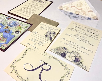 Bespoke Wedding Invitations custom with calligraphy, watercolor floral, handmade by Robyn Love