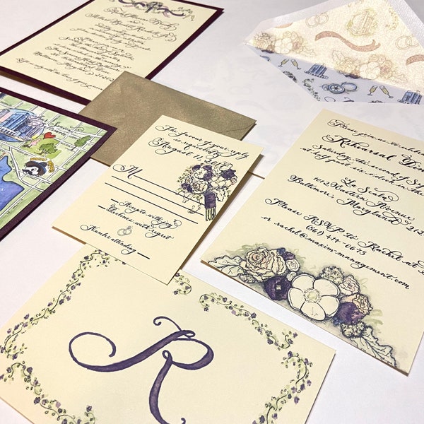 Bespoke Wedding Invitations custom with calligraphy, watercolor floral, handmade by Robyn Love