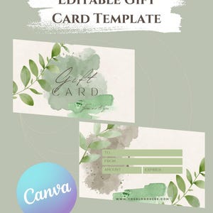 Modèle de carte-cadeau modifiable, motif plante et feuille, personnalisable pour un usage professionnel et personnel, imprimable, numérique, carte-cadeau professionnelle