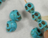 18 Small Skull Beads Turquoise Veined Dyed Howlite 10mm x 8mm - Day of the Dead Lolita (5607)
