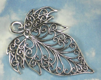 3 Scroll Leaf Pendants Silver Tone Filigree 72mm Antiqued - Embellish with Beads (P1503)