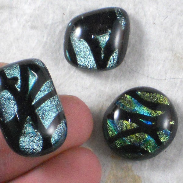 SALE 3 Silvery Aqua Blue Cabochons Fused Dichroic Glass - Wire wrap, Beading, metal Clay or more (3117)