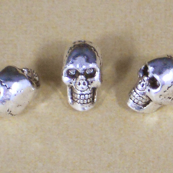 3 Skull 15mm Beads Silver Creepy Detailed 3D TOP Hole (P1311)