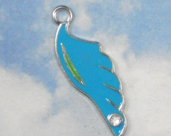 4 Aqua Blue Enamel Wing Rhinestone Feather Charms Pendants Silver Tone (P1736B)