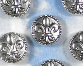 8 Fleur de Lis Coin 16mm Silver Beads ToP TO BoTTOM Hole 2 Sided Beaded Edge Fdl Nola (P1492)